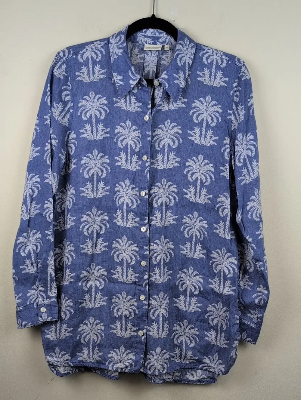 Spartina 449 Ada Linen Tunic Oyster Bay Blue Palm Print Button-Up Shirt Size M
